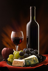 Image showing Still-life with cheese, grape and wine