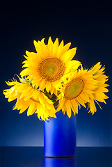 Image showing bouquet of sunflowers in a blue vase
