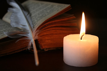 Image showing Candle, Book and Plume