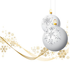 Image showing White Christmas bulbs with golden snowflakes on white background
