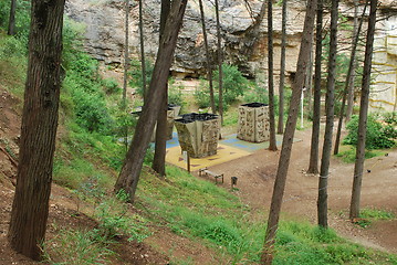 Image showing Up view to climbing walls on a park