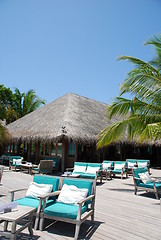 Image showing Beautiful beach restaurant view in Maldives