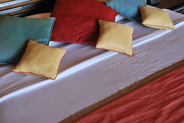 Image showing Colorful interior detail of a luxury hotel bedroom