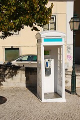 Image showing White portuguese telephone booth in Lisbon