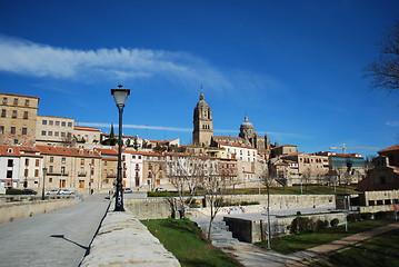 Image showing View To Salamanca (Cathedral) from Puente Romano, Spain