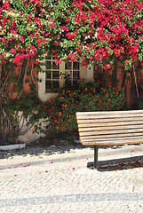 Image showing Wooden bench and a typical window with clinging flowers