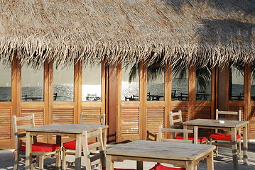 Image showing Beach restaurant view in Maldives (ocean reflection)