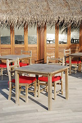 Image showing Beach restaurant view in Maldives (ocean reflection)