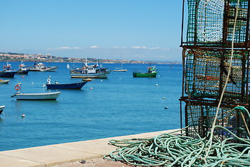 Image showing Old fishing equipment in the port of Cascais, Portugal