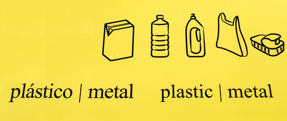 Image showing Plastic and Metal recycle symbols in different languages