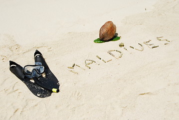 Image showing Maldives concept with coconut fruit and snorkeling equipment