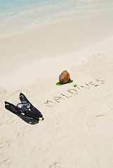 Image showing Maldives concept with coconut fruit and snorkeling equipment