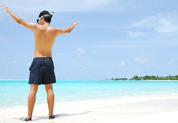 Image showing Young man ready to go snorkeling (wide open arms)