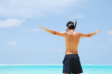 Image showing Young man ready to go snorkeling (wide open arms)