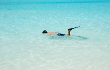 Image showing Young man snorkeling in Maldives (blue ocean water)