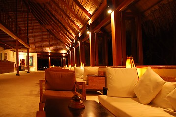 Image showing Resort hotel reception and lounge in a tropical island (night)