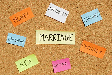 Image showing Marriage keywords on a colorful cork board