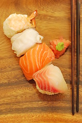 Image showing Nigiris sushi meal (salmon, swordfish, shrimp, octupus)