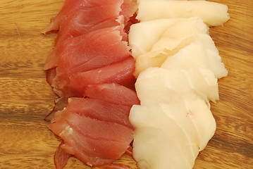 Image showing Sashimi meal with tuna and bass