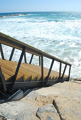 Image showing Wooden stairs or path to the bright ocean