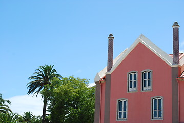 Image showing Pink traditional building with palm trees garden