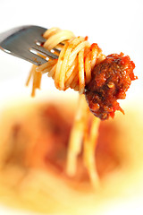 Image showing Fork with spaghetti and meatball