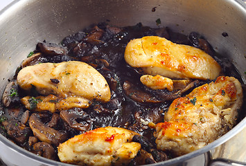 Image showing Chicken breasts cooking with mushrooms