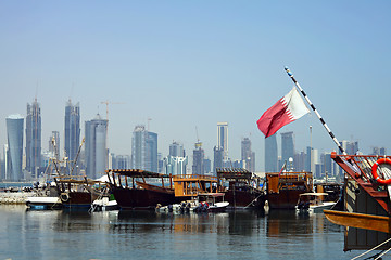 Image showing Doha harbour and towers