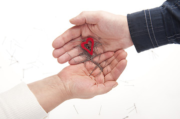 Image showing Two hands with heart and needles