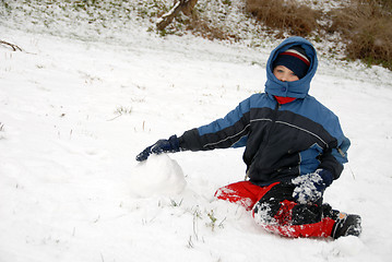 Image showing Winter time. Young boy sit on snow.