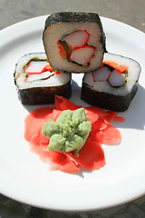 Image showing Sushi next to Wasabi and Sushi Ginger