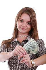 Image showing Girl with fan of dollar
