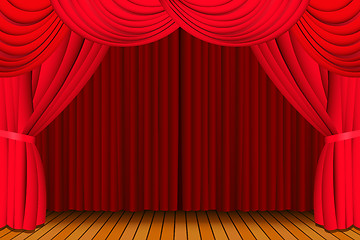 Image showing Stage with closed red curtain