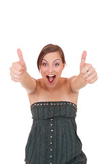 Image showing beautiful young woman showing thumbs up sign