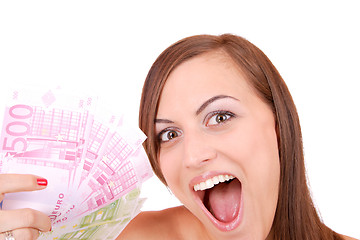 Image showing Happy woman with group of euro bills Isolated.