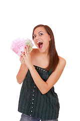 Image showing Happy woman with group of euro bills Isolated.