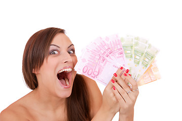 Image showing Happy woman with group of euro bills Isolated.