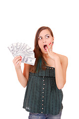 Image showing Attractive woman takes lot of 100 dollar bills