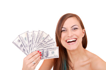 Image showing Attractive woman takes lot of 100 dollar bills