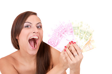 Image showing Happy woman with group of euro bills Isolated.