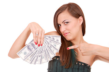 Image showing Attractive woman takes lot of 100 dollar bills