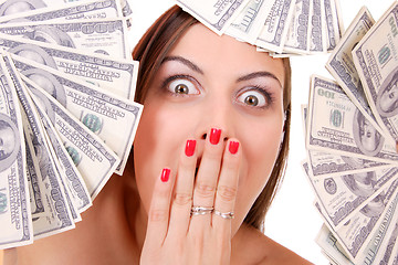 Image showing Attractive woman takes lot of 100 dollar bills