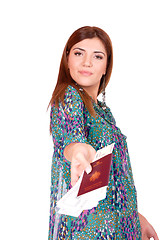 Image showing Excited traveler with her passport