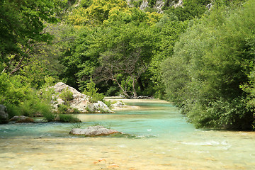 Image showing Landscape with mountains, forest and river