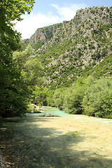 Image showing Landscape with mountains, forest and river