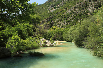 Image showing Landscape with mountains, forest and river