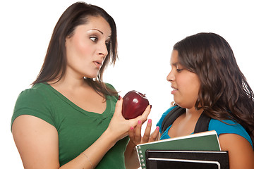 Image showing Hispanic Mother and Daughter with Books and Apple Ready for Scho