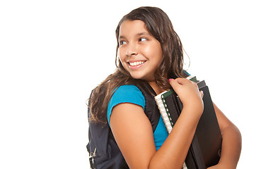 Image showing Pretty Hispanic Girl with Books and Backpack