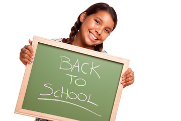 Image showing Pretty Hispanic Girl Holding Chalkboard with Back To School