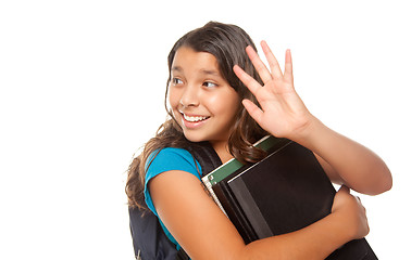 Image showing Pretty Hispanic Girl Waving with Books and Backpack